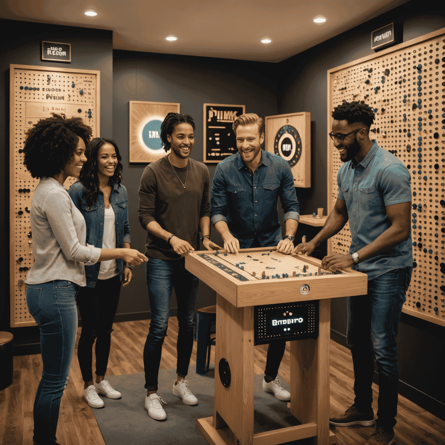 A diverse group of people playing Plinko and various board games, smiling and enjoying themselves in a modern, stylish game room with Plinko-Spin.com branding visible