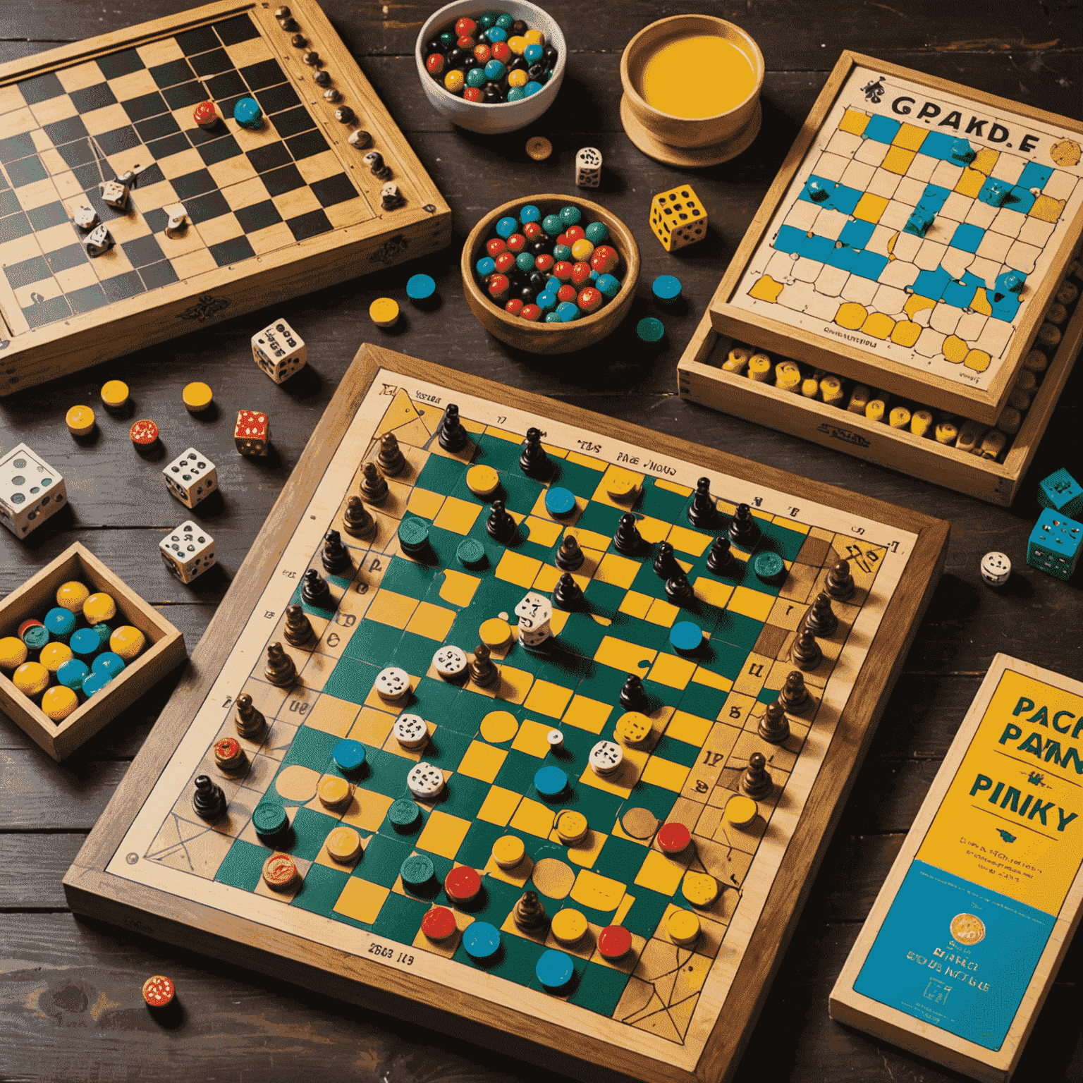 A vibrant collection of board games including Plinko, chess, and other popular titles spread out on a wooden table. The image showcases the variety and excitement of the games offered.