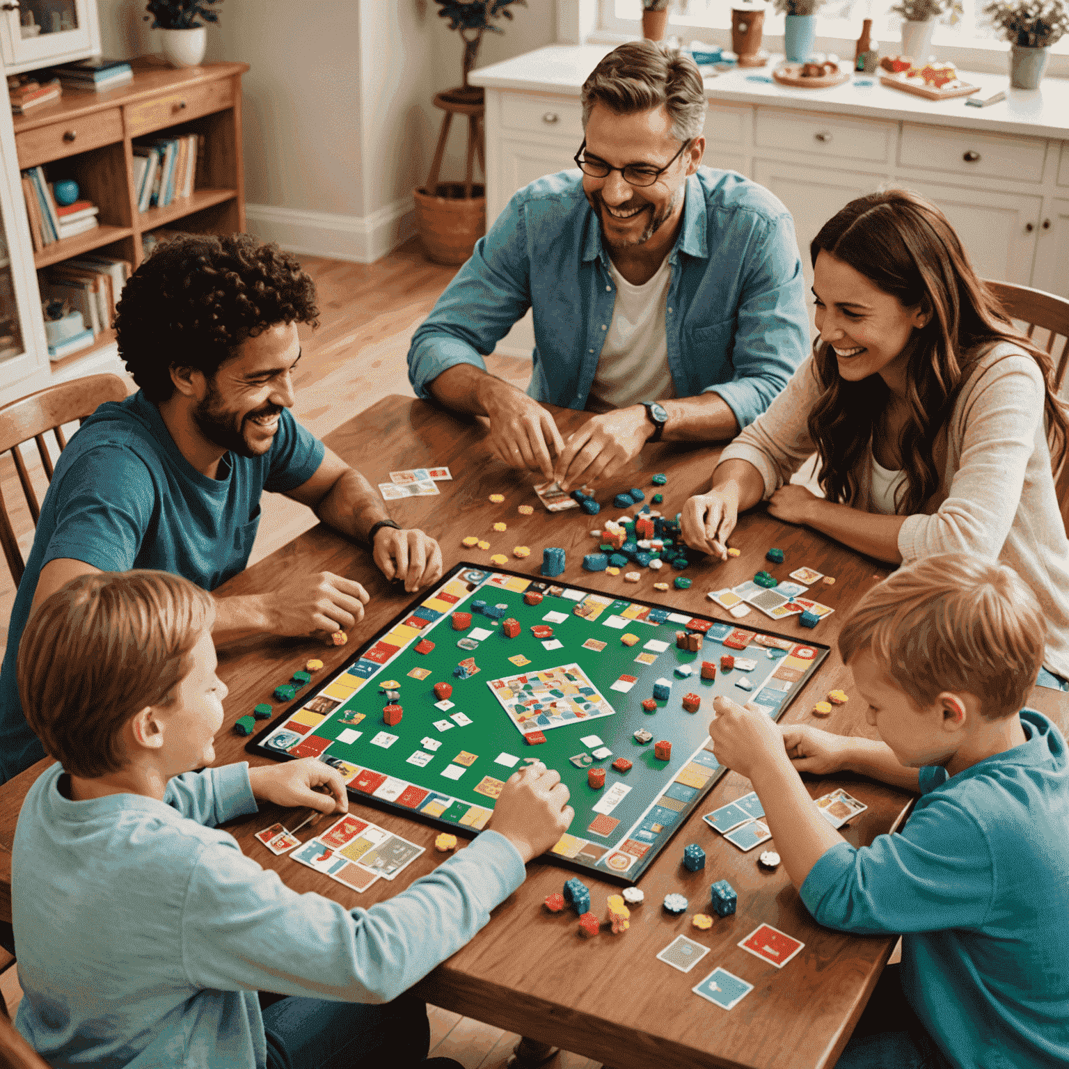 A family gathered around a table, laughing and playing board games. Colorful game pieces and cards are scattered on the table.