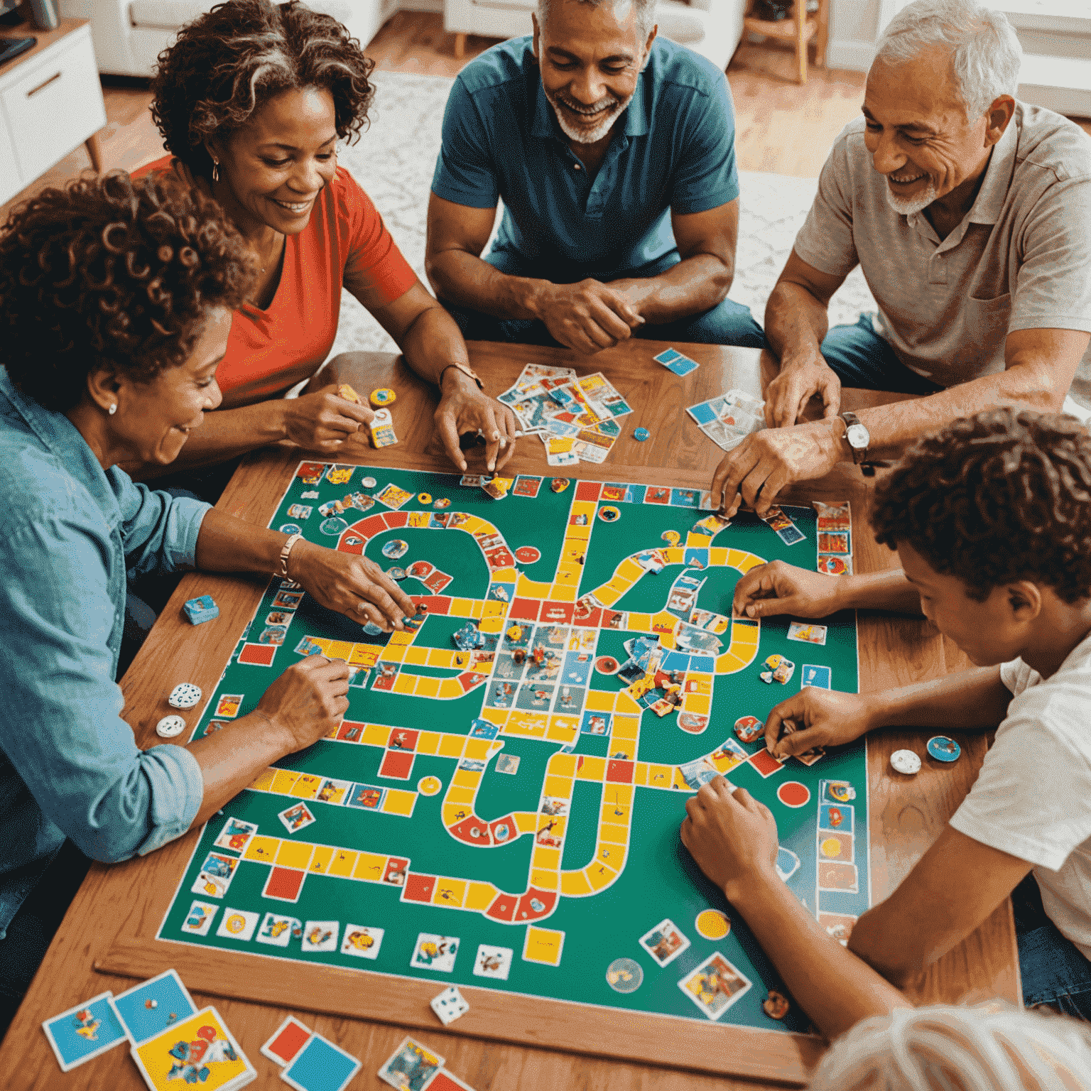 A family gathered around a table, playing board games together. The image shows a diverse group of people, from grandparents to young children, all engaged in a lively game. The table is covered with colorful game boards, cards, and pieces.