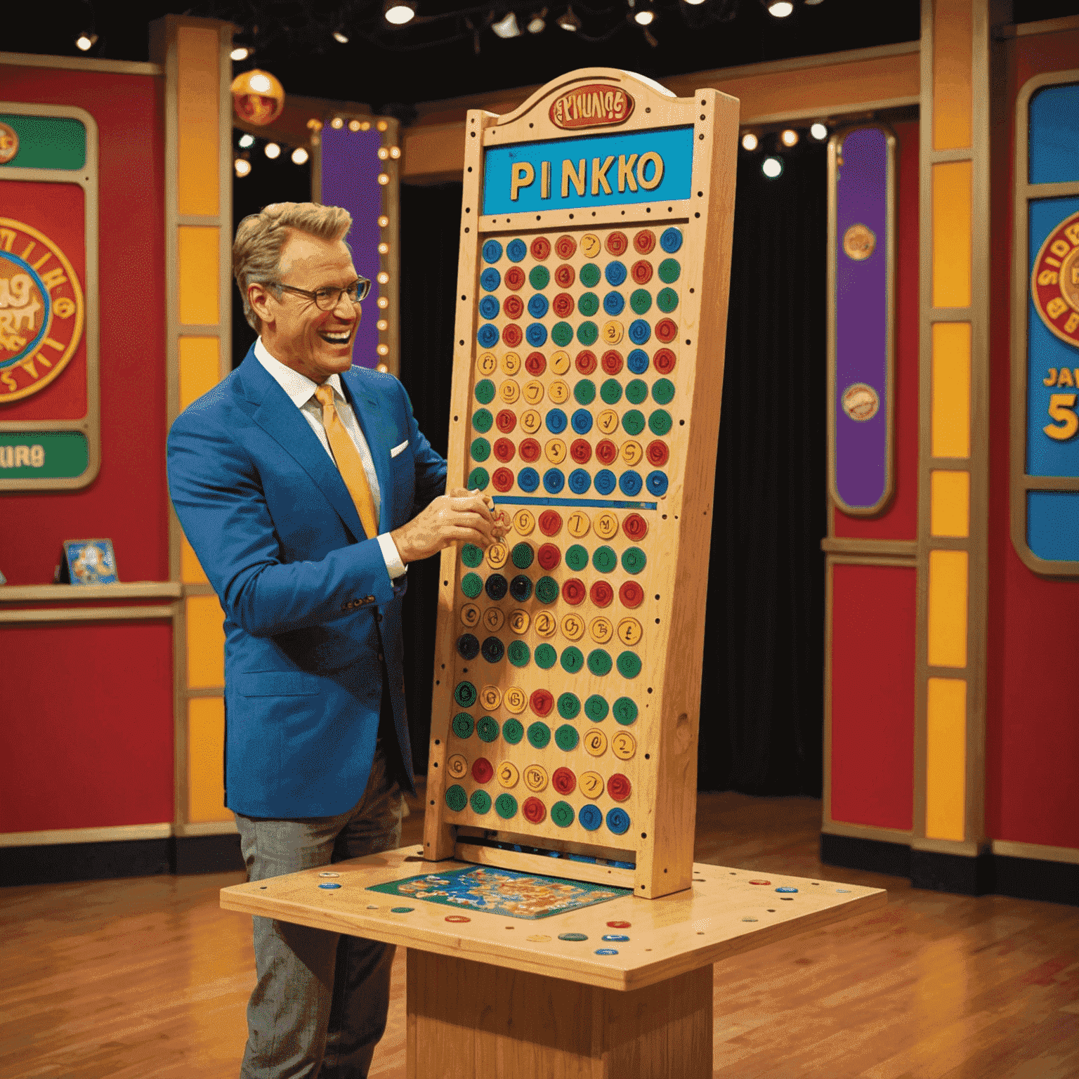 A classic Plinko board from The Price is Right game show, with a contestant dropping a chip