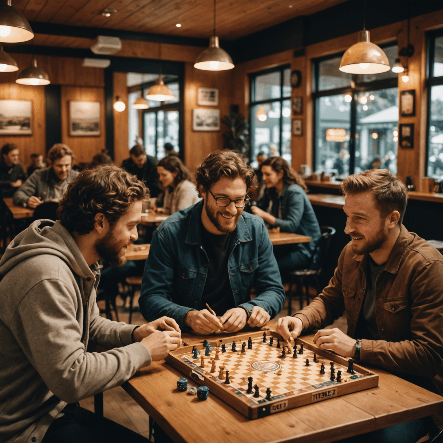 A group of diverse New Zealanders playing board games in a cozy café, with Plinko boards visible in the background