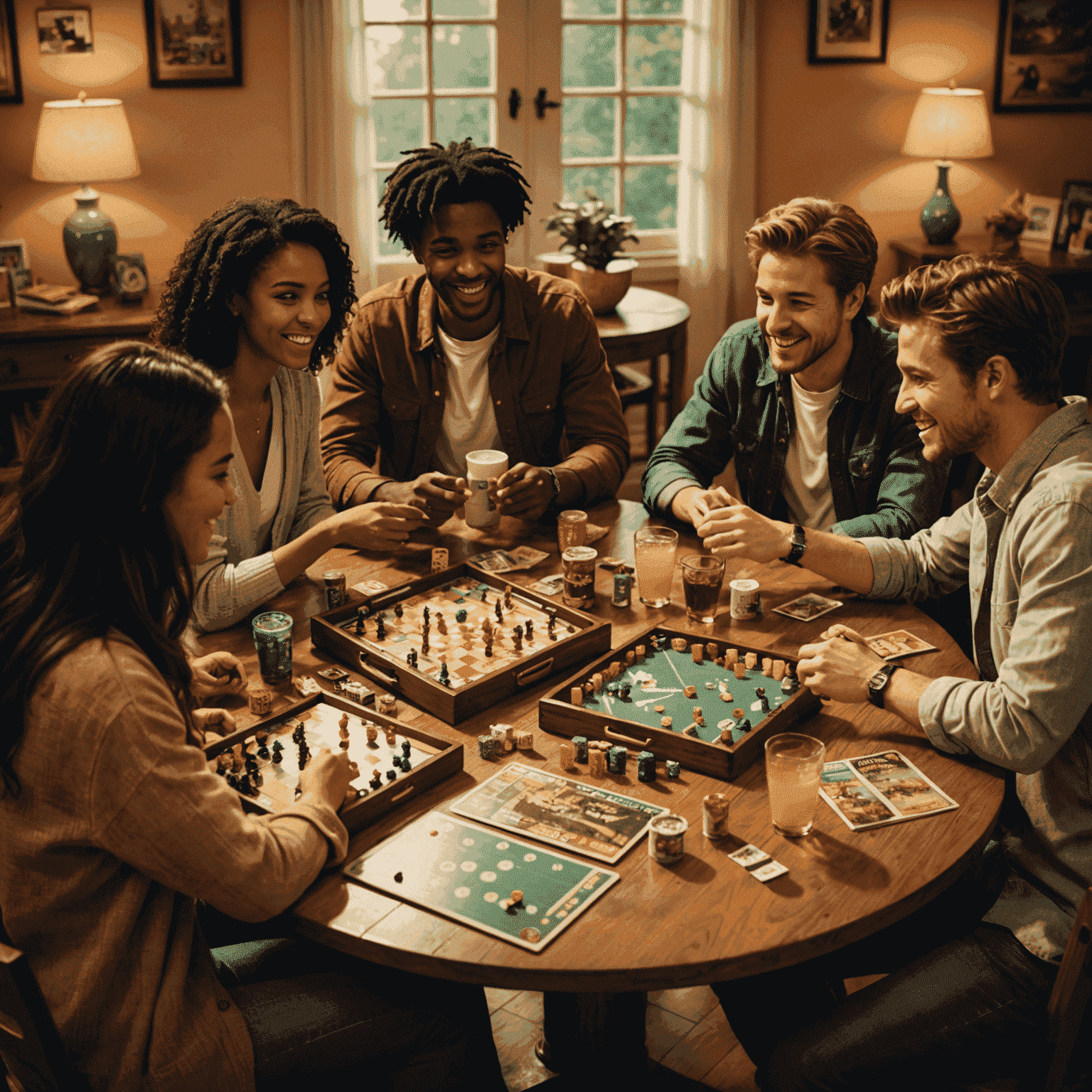 A group of friends gathered around a table with various board games, snacks, and drinks. The scene is warm and inviting, with soft lighting and laughter.