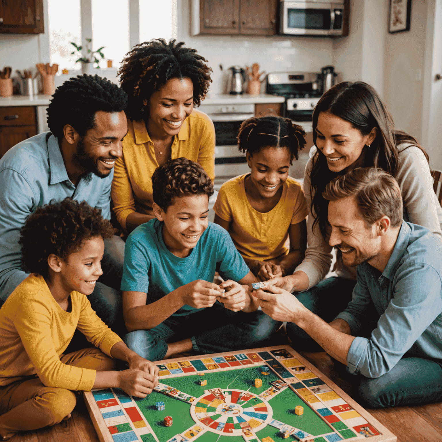 A family gathered around a table, playing board games with smiles on their faces. Various colorful game boards and pieces are visible.