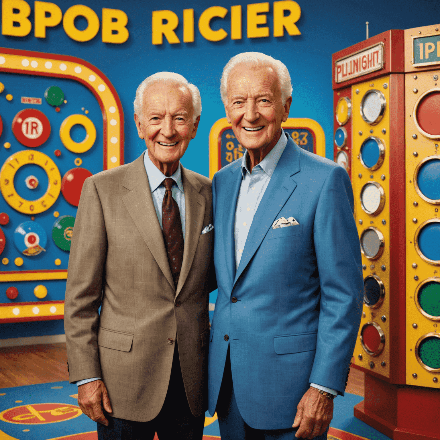 Bob Barker, the original host of The Price is Right, standing next to the Plinko board