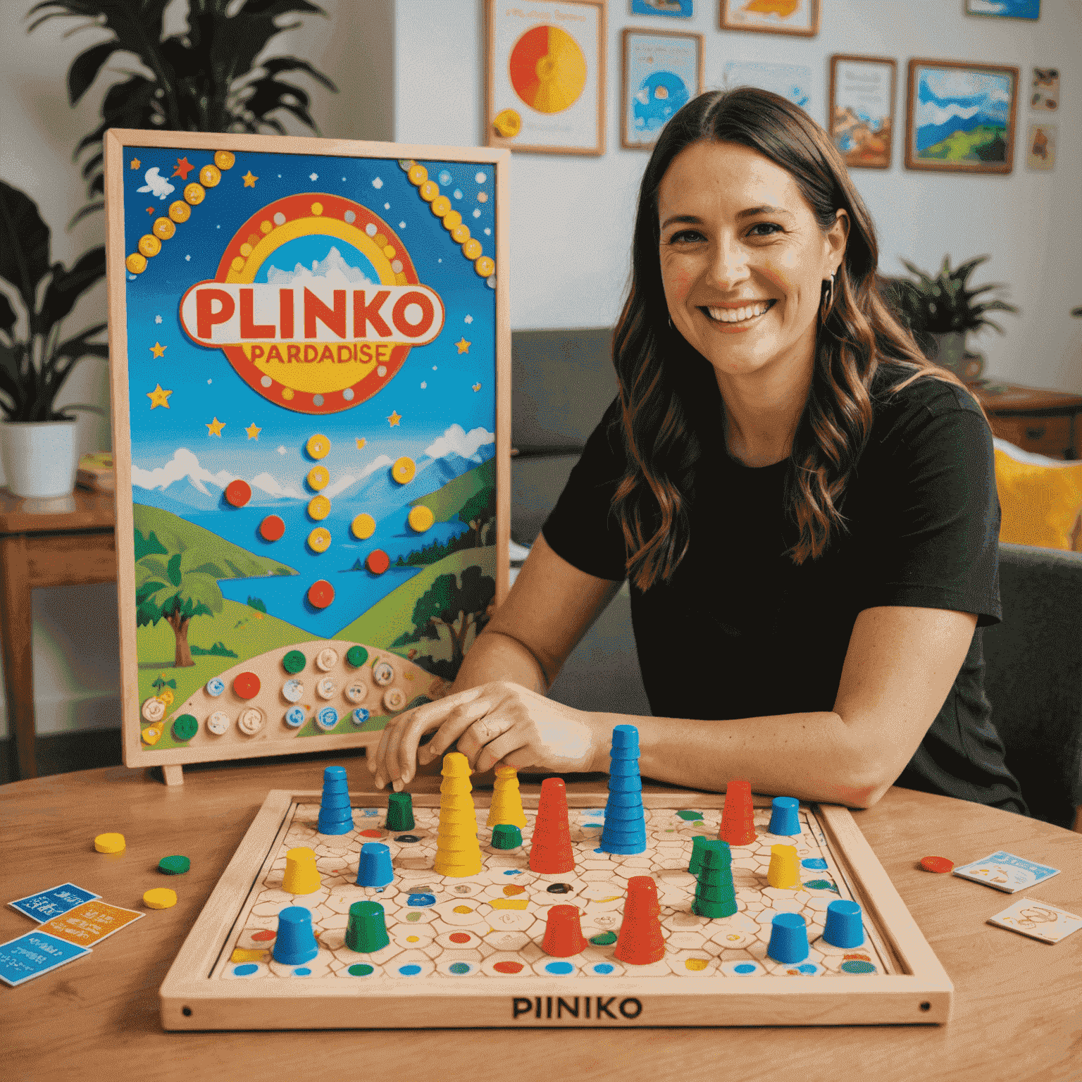 A smiling New Zealand board game designer showcasing her latest creation, 'Plinko Paradise', with colorful game pieces and a Plinko-inspired board