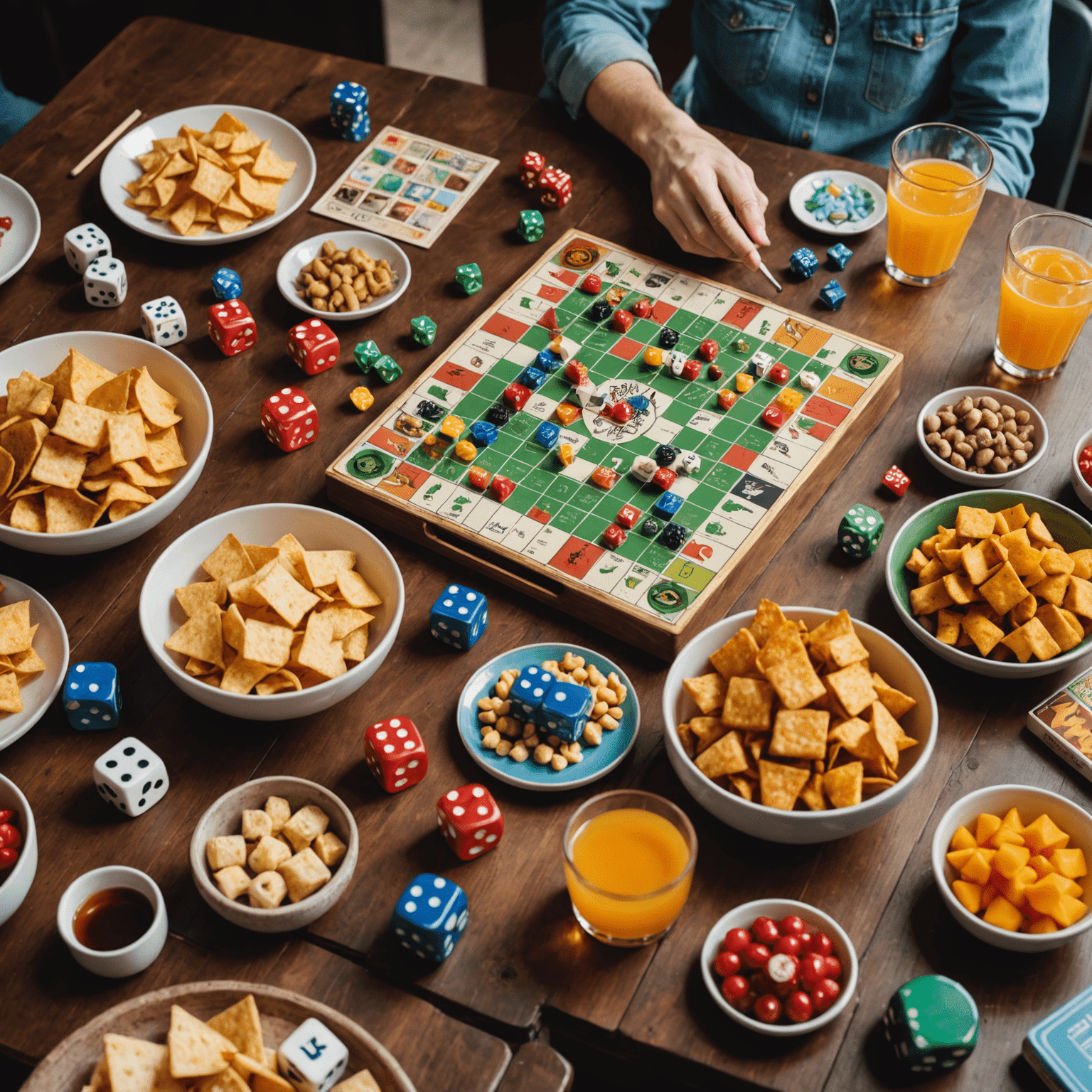 A close-up of a table with various board games, colorful dice, and an assortment of snacks and drinks.