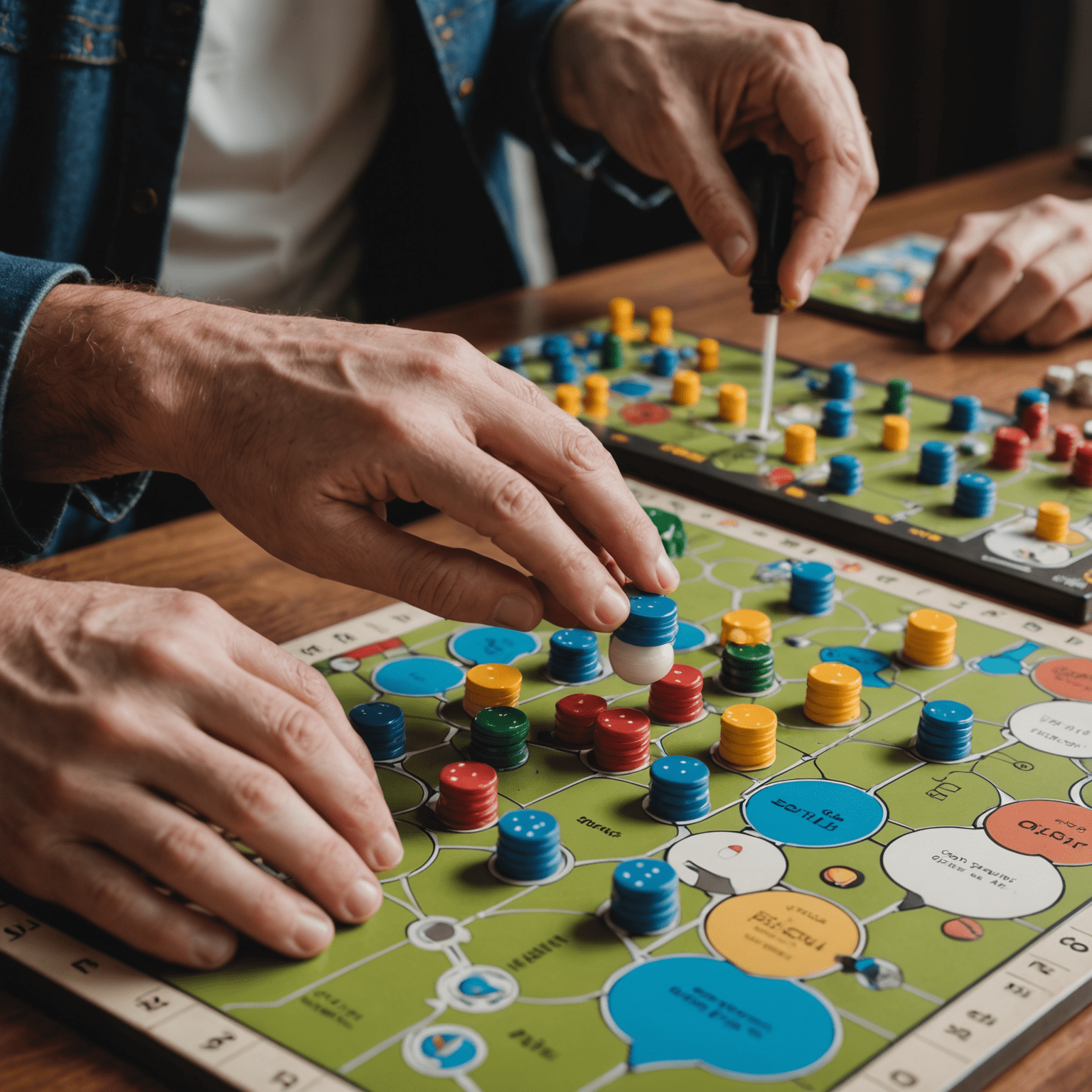 A close-up of hands strategically placing a game piece on a spin-based board game, with thought bubbles showing potential moves.