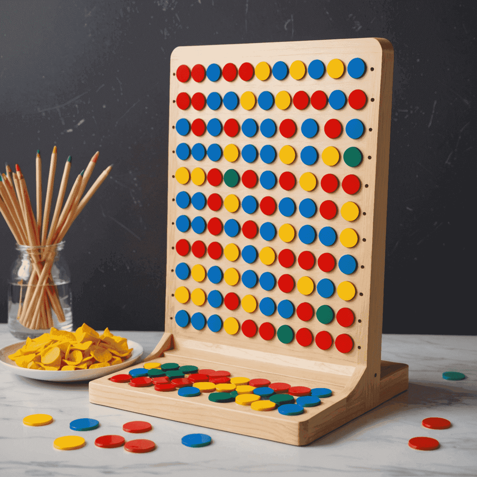 A modern tabletop version of the Plinko game, with colorful chips and a transparent pegboard