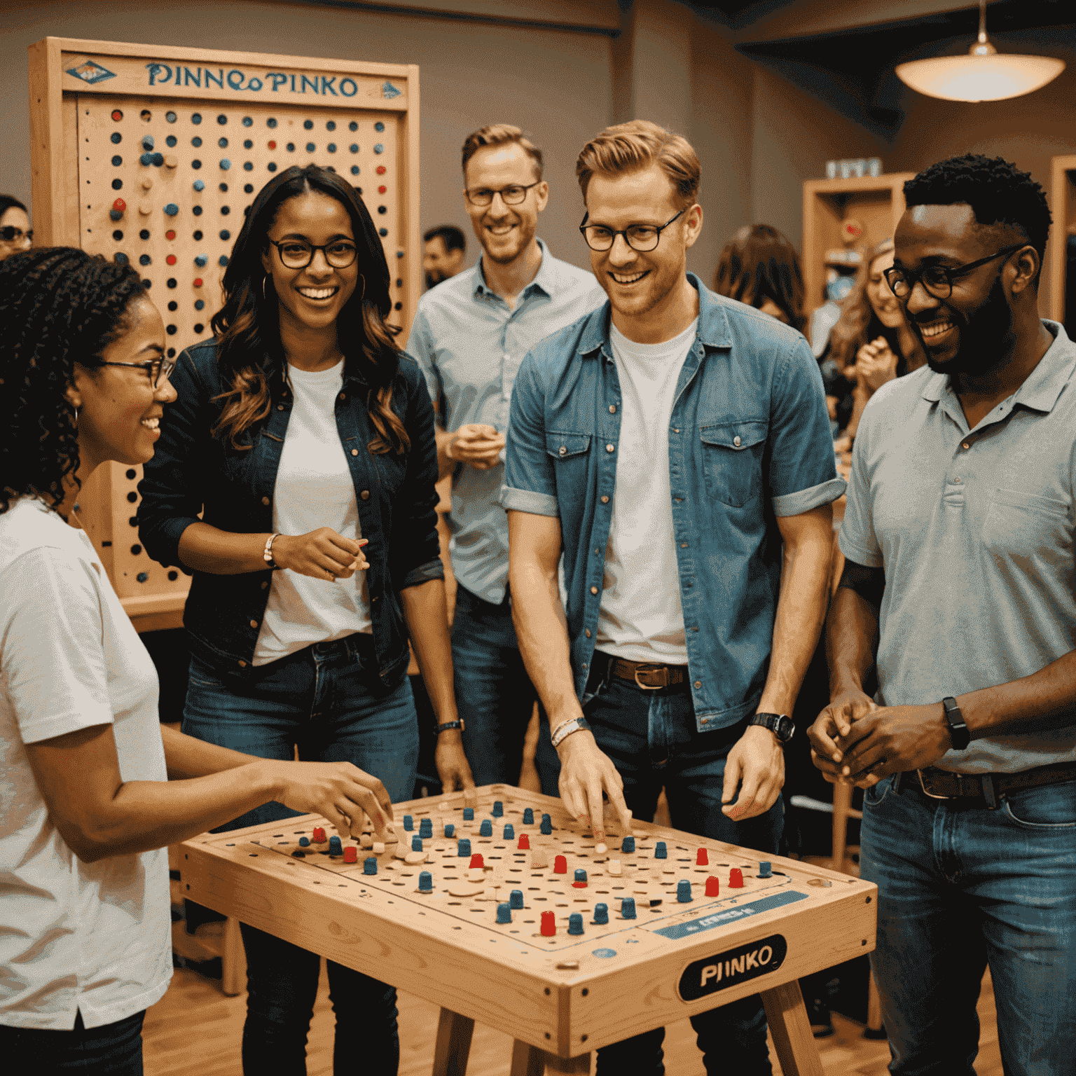 A group of diverse players enjoying a competitive game of Plinko, showcasing the social and entertaining aspects of spin-based board games