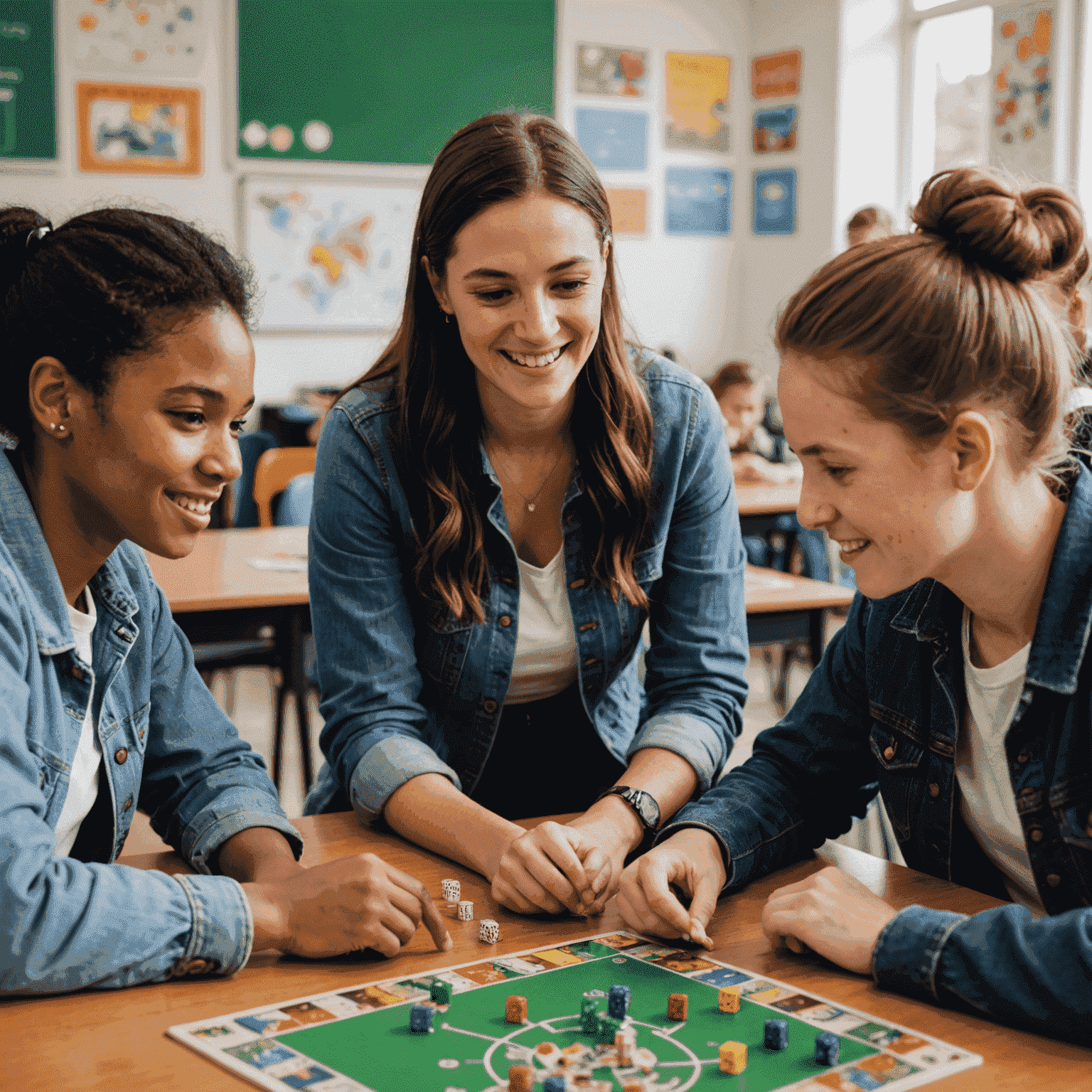 A diverse group of New Zealand students engaged in a board game session in a classroom, with a teacher guiding them through strategy