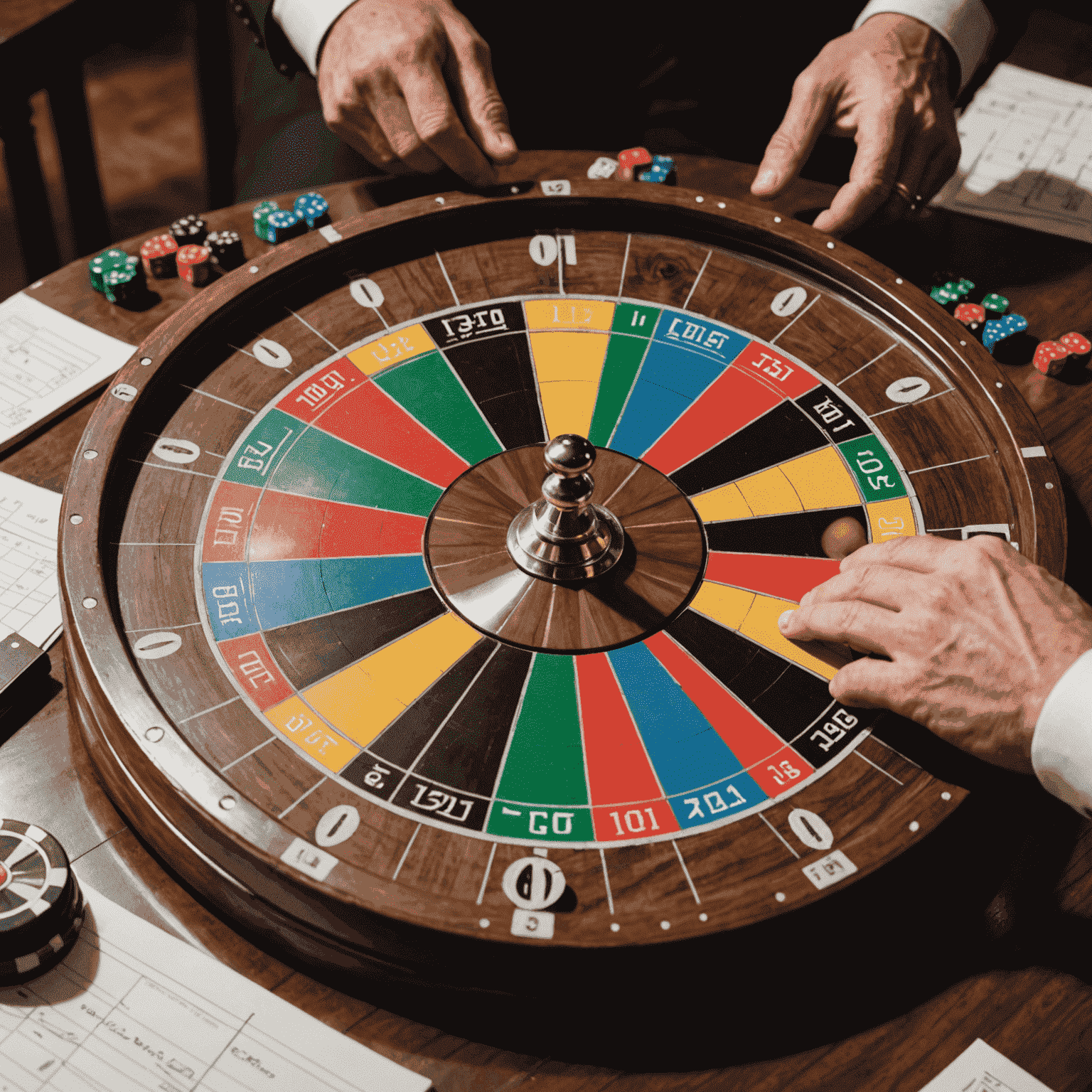 A close-up of hands spinning a game wheel, with various game boards and strategy notes visible in the background.