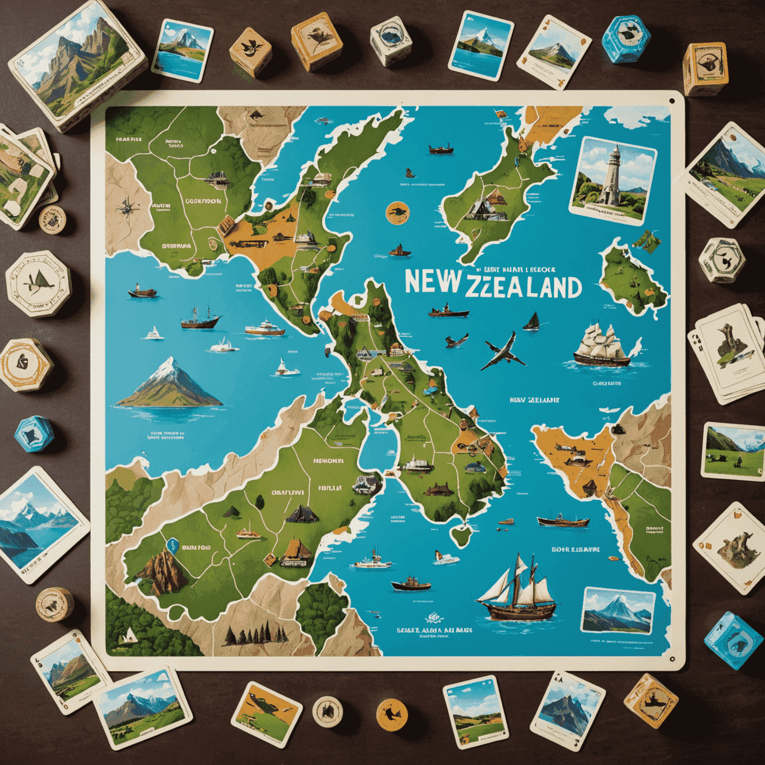 A collage of New Zealand landmarks with board game pieces and cards overlaid, representing the country's board game culture.