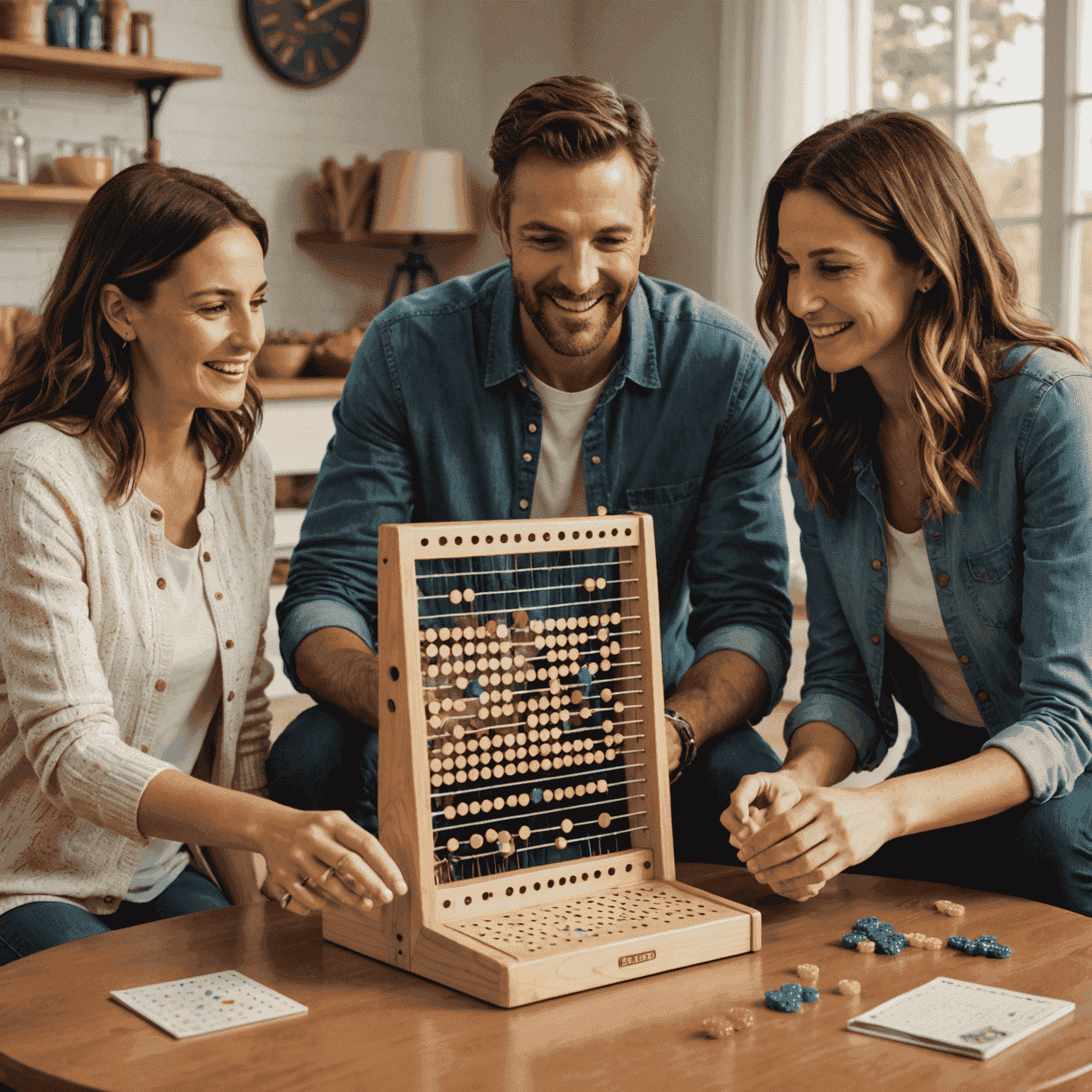 A family gathered around a tabletop Plinko game, enjoying a game night together